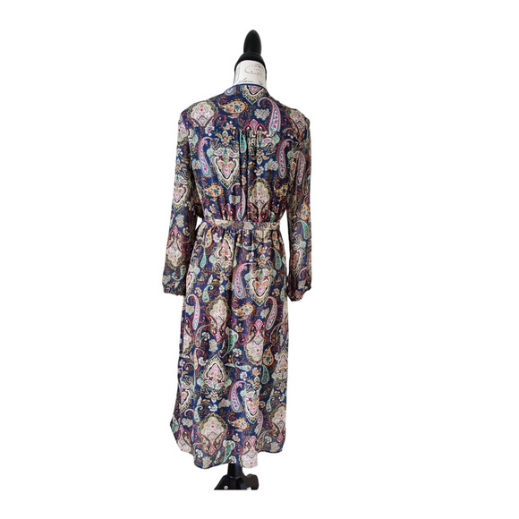 DR2 Multicolor Floral Paisley Midi Dress Long Sleeve Chiffon Belted Size M - Picture 3 of 9